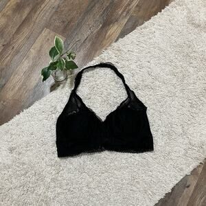 Aerie Size Large Black Floral Lace V-Neckline Halter Padded Wireless Bralette
